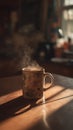 Cozy steaming mug with snowflake pattern on a wooden table bathed in golden sunlight, warm beverage. Royalty Free Stock Photo