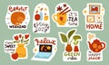Cozy stickers. Hygge home elements. Little items compositions with funny text. Cup and teapot. Everyday things emblems