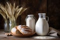 Cozy Still Life of Milk Pitcher, Flour, Grain, and Freshly Baked Bread on Table