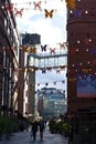 Cozy street with light chains and decorations