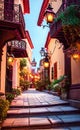 Cozy street in the old town in the evening with street lamps,
