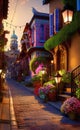 Cozy street in the old town in the evening with street lamps,