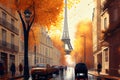 Cozy street of Paris with a view of the Eiffel Tower. AI generated