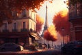 Cozy street of Paris with a view of the Eiffel Tower. AI generated