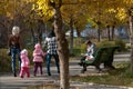 Cozy streets of the city of Bratsk among the falling leaves on a warm autumn day