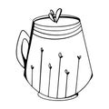 Cozy striped cups of tea. Kawaii cute outline doodle digital art. Print for stickers, cards, menus, posters, restaurants, cuisine,