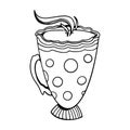 Cozy striped cups of tea. Kawaii cute outline doodle digital art. Print for stickers, cards, menus, posters, restaurants, cuisine,