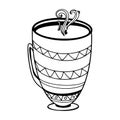 Cozy striped cups of tea. Kawaii cute outline doodle digital art. Print for stickers, cards, menus, posters, restaurants, cuisine,