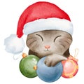 Cozy striped kitten in a Santa hat peacefully sleeps on Christmas ornaments. Cartoon cat portrait evokes a festive atmosphere.