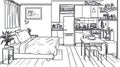 Interior Sketch of a Studio Apartment with Bed, Kitchenette, and Dining Area Royalty Free Stock Photo