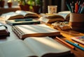 Study workspace with open books, notebooks, and colorful stationery on a wooden Royalty Free Stock Photo