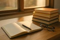 Cozy study corner with open notebook, pen, and glasses next to a stack of colorful books in warm sunlight Royalty Free Stock Photo