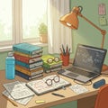 A cozy study desk features an open laptop displaying chemistry diagrams, surrounded Royalty Free Stock Photo