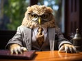 Owl in suit reading book on desk