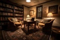 cozy study room with warm lighting, cozy armchairs, and reading material Royalty Free Stock Photo