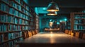 Cozy Study Space With Wooden Table and Library Shelves Illuminated in Soft Light Royalty Free Stock Photo