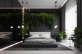 Cozy stylish interior of bedroom in black colors with green plants in modern house