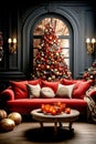Cozy stylish modern living room with a minimalist interior decorated with a beautiful Christmas tree. Winter holidays interior