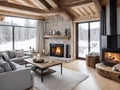 Cozy stylish winter living room interior with a modern fireplace in a chalet
