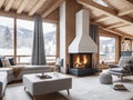 Cozy stylish winter living room interior with a modern fireplace in a chalet