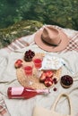 Cozy summer picnic near the lake with wine, cherry, peaches, brie cheese, camamber. Romantic picnic for Valentine& x27;s Royalty Free Stock Photo