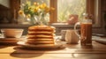 A brunch scene with a stack of fluffy pancakes on a sunlit kitchen table