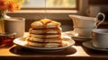 A Sunday brunch scene with a stack of fluffy pancakes