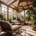 A cozy sunlit conservatory with wicker furniture and botanical decor2