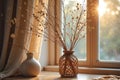 Cozy sunlit room with woven vase and dried flowers by window at sunset Royalty Free Stock Photo