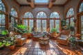 Cozy sunlit Russian sunroom with large panoramic windows and lush plants Royalty Free Stock Photo