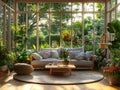 Cozy Sunroom Interior Design with Comfortable Sofa and Large Glass Windows to Garden Royalty Free Stock Photo