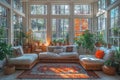 Cozy sunroom with panoramic windows and vibrant houseplants in a Russian home Royalty Free Stock Photo