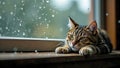 Cozy tabby cat sleeping on a windowsill on a rainy day. Royalty Free Stock Photo