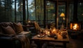 Cozy table, candle flame, wood decor, nature illumination generated by AI