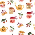 Cozy Tea seamless pattern. Teapot, cups, jam, berries, cinnamon. Hot drinks background. Cute beverages kitchen texture, textile