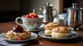 Afternoon Tea with Scones, Cream, Jam, and Fruit for a Relaxing Break Royalty Free Stock Photo