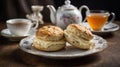Scones with Cream Cheese and Tea Set on Wooden Table for Afternoon Relaxation Royalty Free Stock Photo