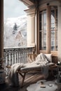 Cozy terrace with coach at mountain resort in winter