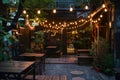 Cozy terrace with outdoor string light. Generative AI