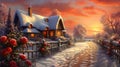Cozy thatched cottage in a winter landscape. Snowy wonderland with a warm country house with a picket fence. Christmas hearth.