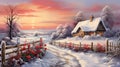 Cozy thatched cottage in a winter landscape. Snowy wonderland with a warm country house with a picket fence. Christmas hearth.