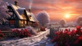 Cozy thatched cottage in a winter landscape. Snowy wonderland with a warm country house with a picket fence. Christmas hearth.