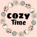 Cozy time decorative wreath of cups of yummy drinks. Hand drawn cartoon style cute coffee and cacao cream drinks ornament