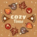 Cozy time decorative wreath cute cozy banner. Autumn festive poster. Fall harvest greetings postcard