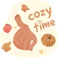 Cozy time lettering. Knitted sweater, orange pumpkin, hot tea and autumn leaves. Fall vibes, boho, home design, Halloween.