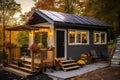 cozy tiny house exterior with solar panels