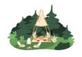 Cozy tipi in forest. Comfortable glamping, glamorous camping with teepee and armchairs, fire on summer holiday. Luxury