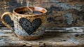 Cozy and traditional coffee cup with heart shaped steam rising from a rustic wood surface Royalty Free Stock Photo