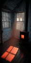 Cozy Tranquil Cabin Interior with Sunlight Beaming on Wood Floor and Rustic Charm Reflections Royalty Free Stock Photo