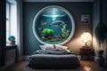 Cozy transitional style interior of a bedroom with big and round in-wall mounted fish tank